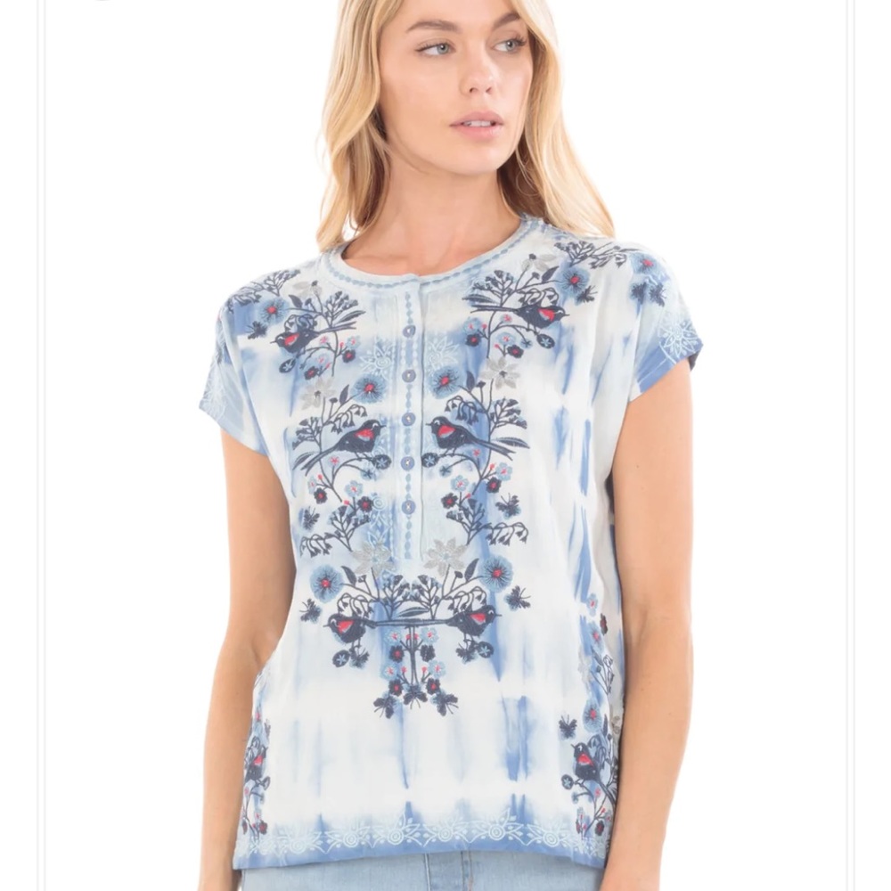APNY APPAREL Indigo Tie-Dye Split Neck Pull Over with Embroidered Size Small